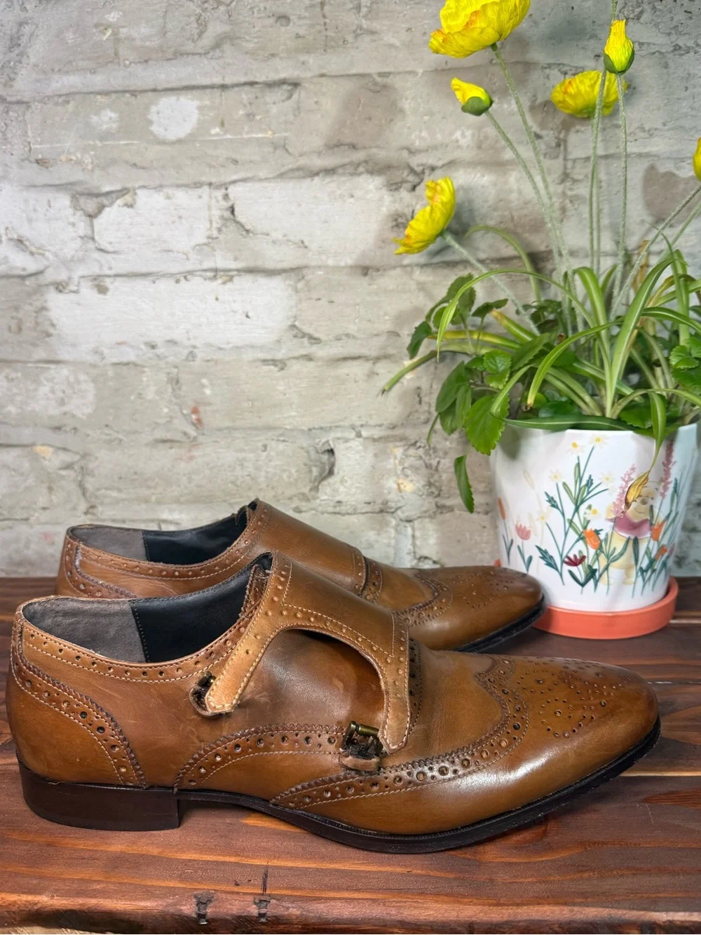 Giorgio Brutini Tan Brown Leather Wingtip Monk Strap Oxfords